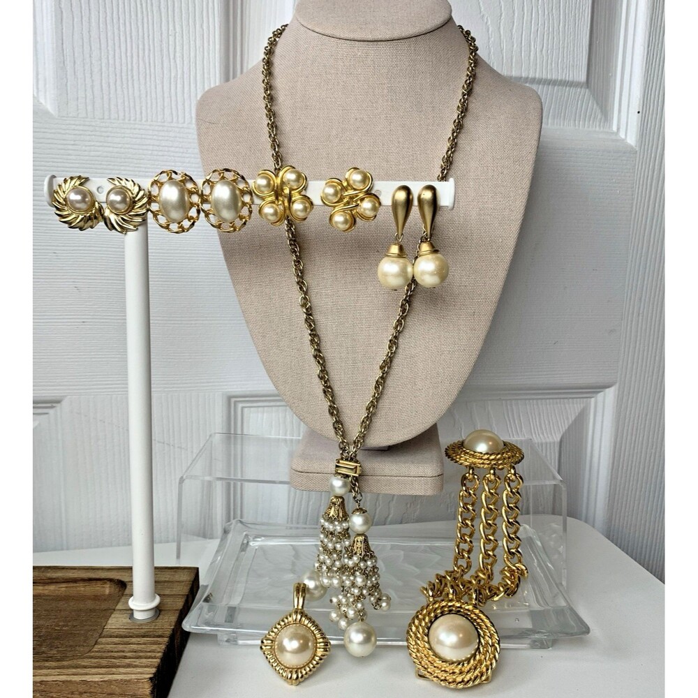 Vintage Gold Tone Faux Pearl Jewelry Lot KJL Pendant Earrings Sweater Clip 7pc